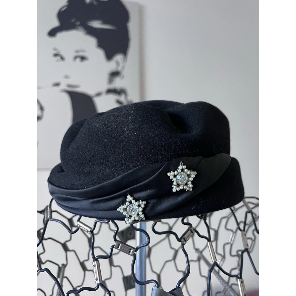Vintage Jordan Marsh Boston Black Wool Pillbox Hat Rhinestone Pearl Starburst